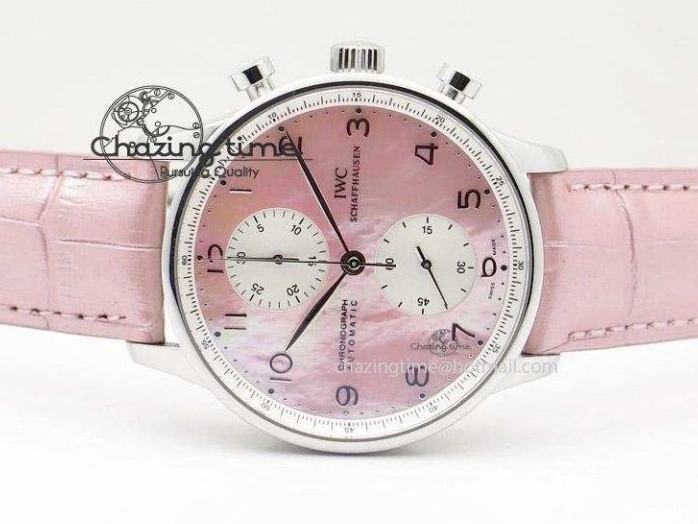 MIROTIME 0311 Portuguese 40mm Chrono SS Pink MOP Dial on Pink Leather Strap A Reliable 7391
